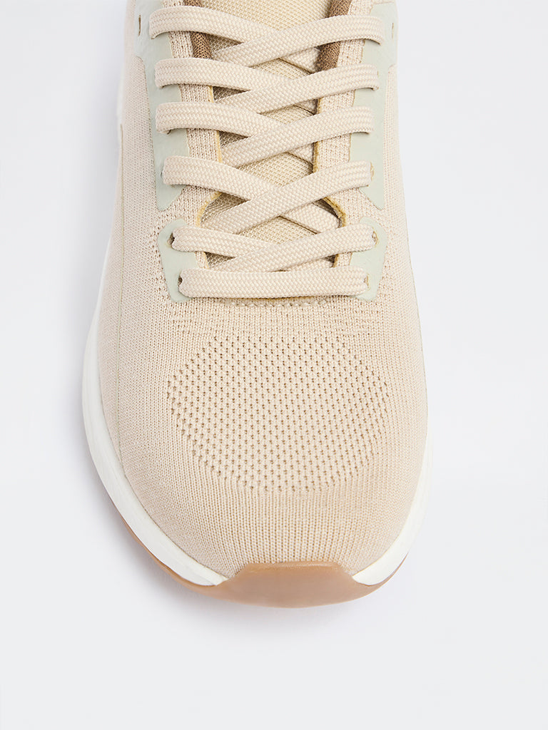 LUNA BLU Beige Knit-Textured Lace-Up Sneakers