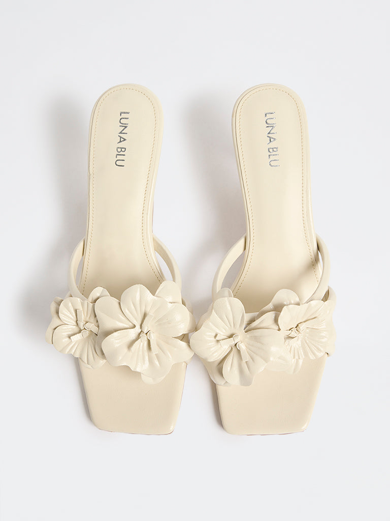 LUNA BLU Ivory Floral Design Heel Sandals