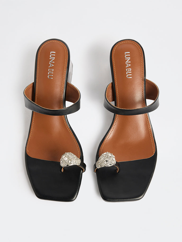 LUNA BLU Black Embellished Toe-Ring Heel Sandals