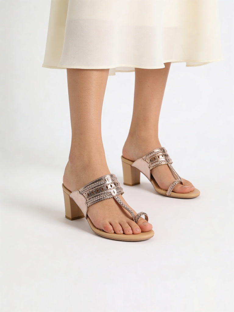 LUNA BLU Rose Gold Kolhapuri Heel Sandals