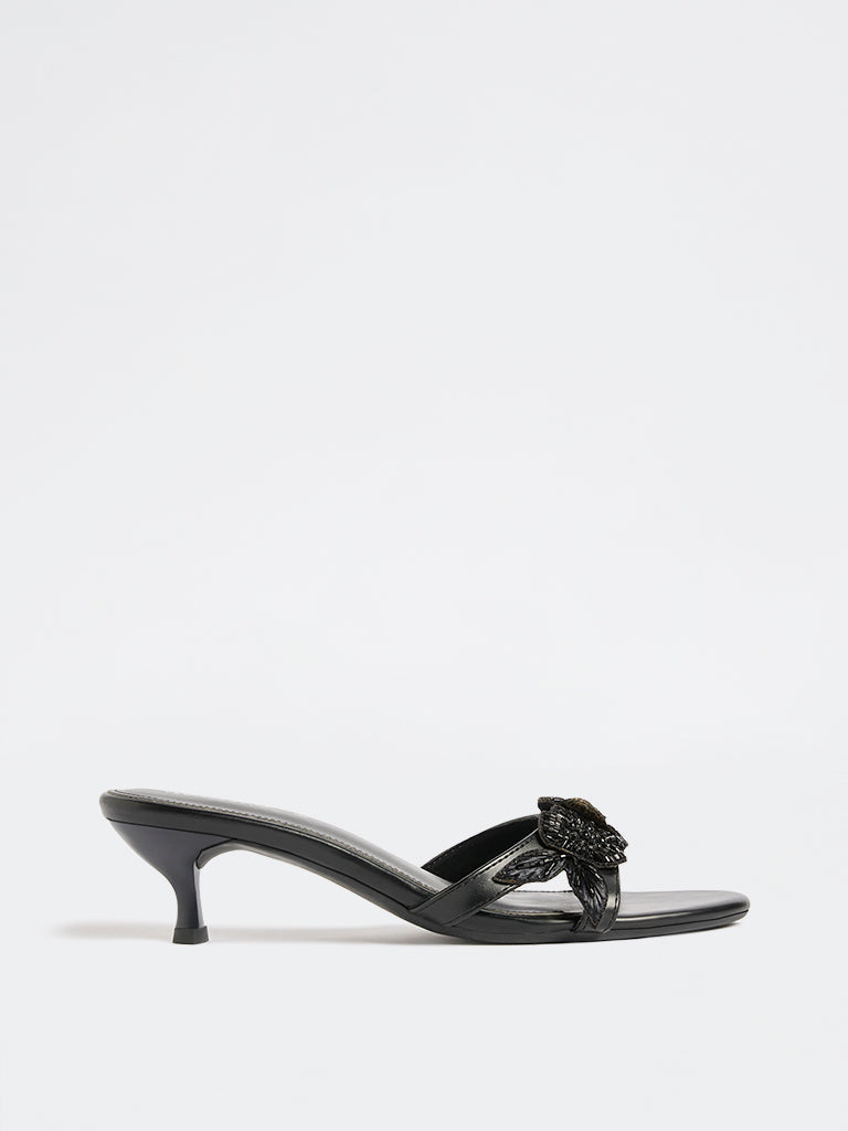 LUNA BLU Black Floral Embellished Kitten-Heel Sandals