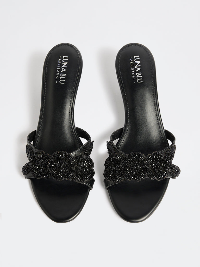 LUNA BLU Black Floral Embellished Kitten-Heel Sandals