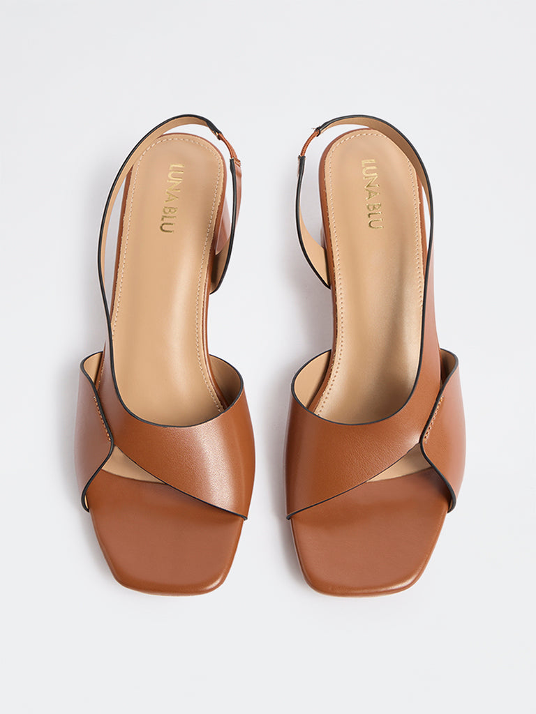 LUNA BLU Tan Slingback Block Heel Sandals
