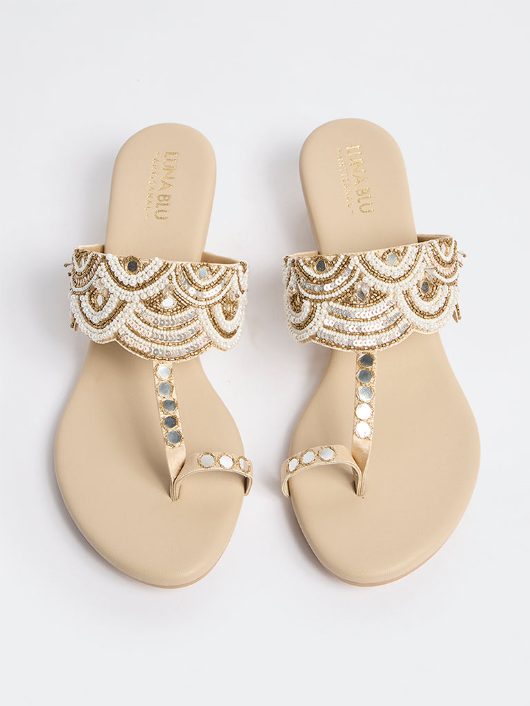LUNA BLU Beige Embellished Kolhapuri Sandals