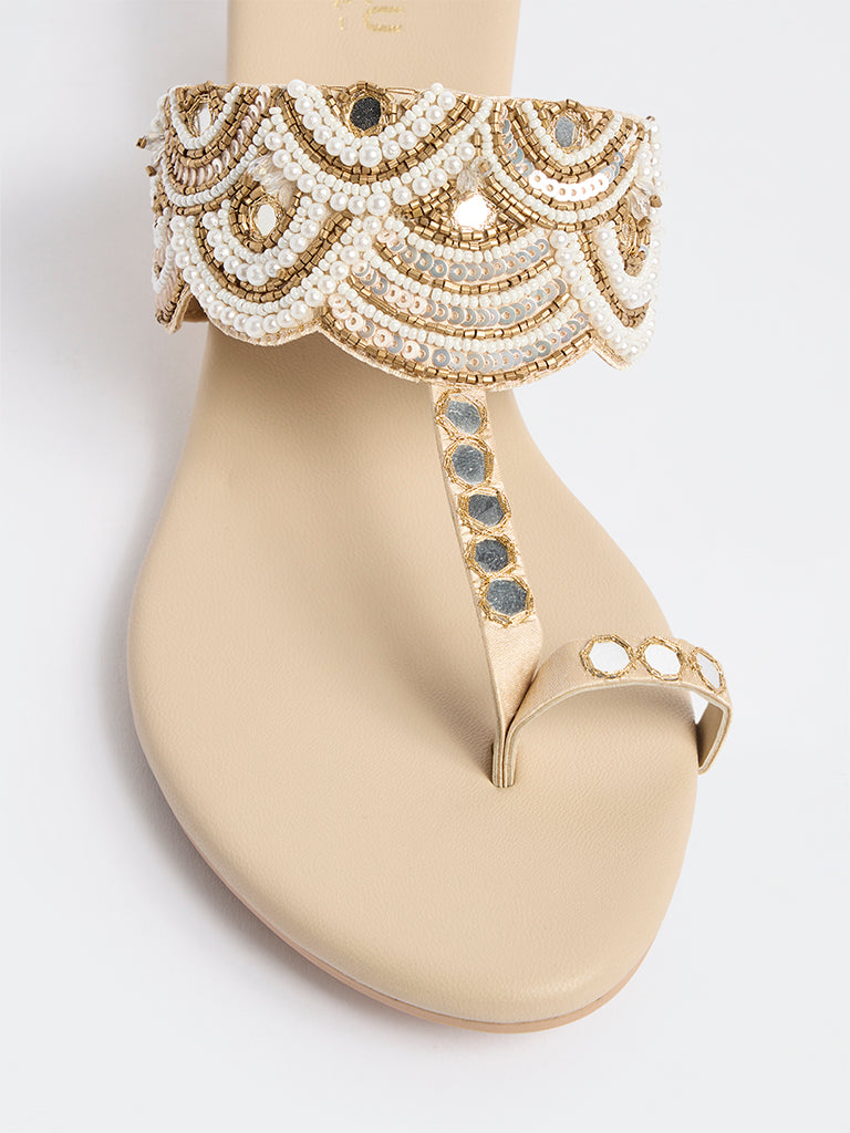 LUNA BLU Beige Embellished Kolhapuri Sandals