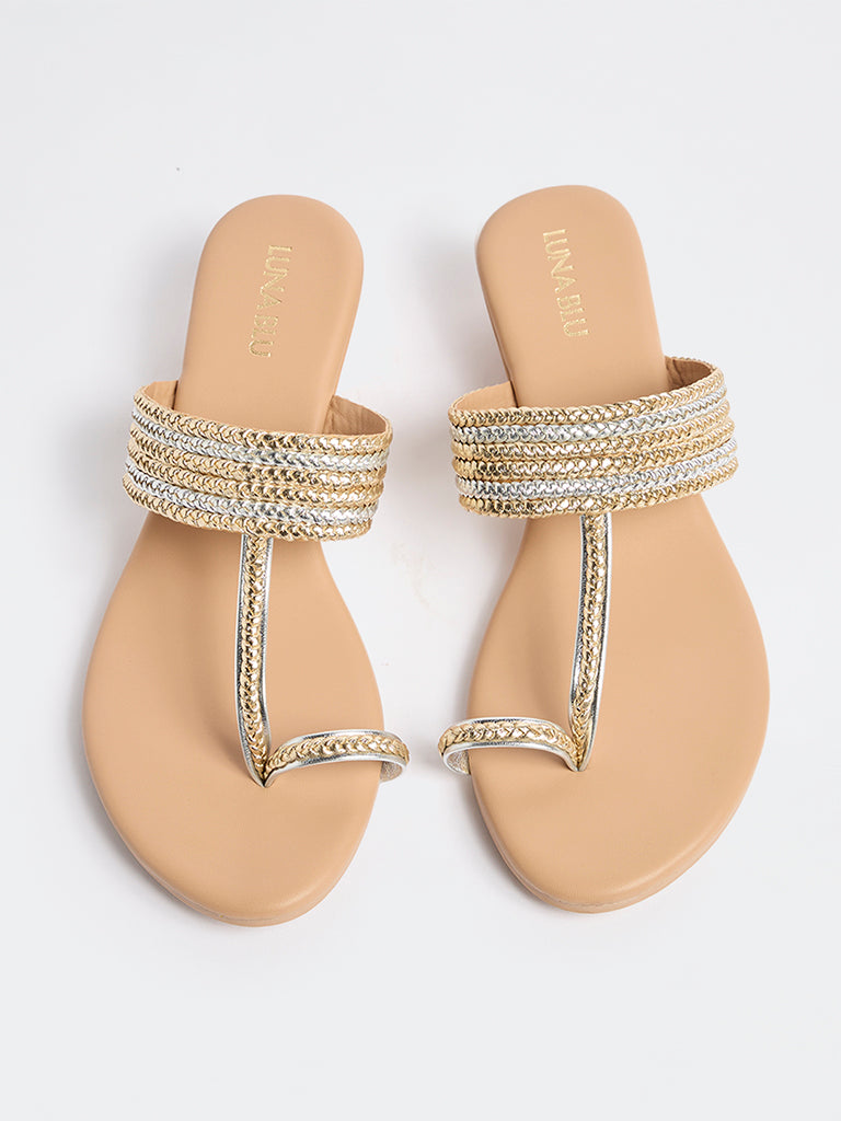 LUNA BLU Gold Braided Kolhapuri Sandals