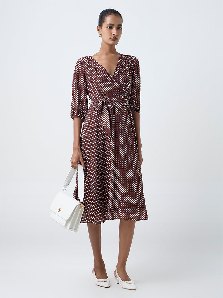 Wardrobe Dark Brown Polka Dot Wrap-Style Dress with Belt