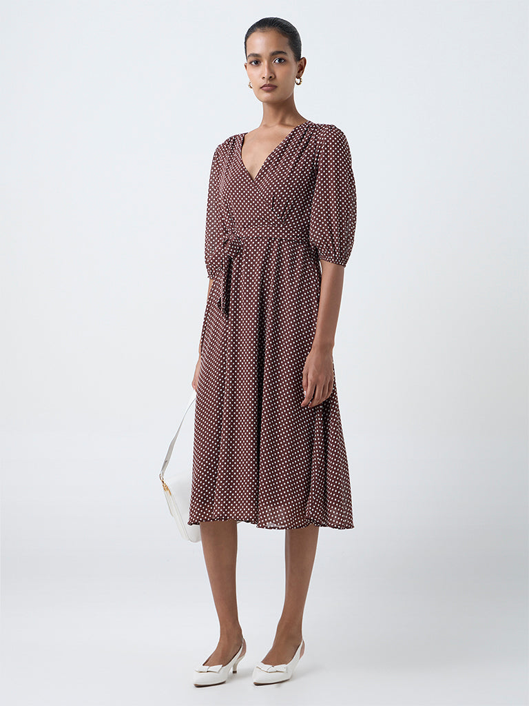 Wardrobe Dark Brown Polka Dot Wrap-Style Dress with Belt