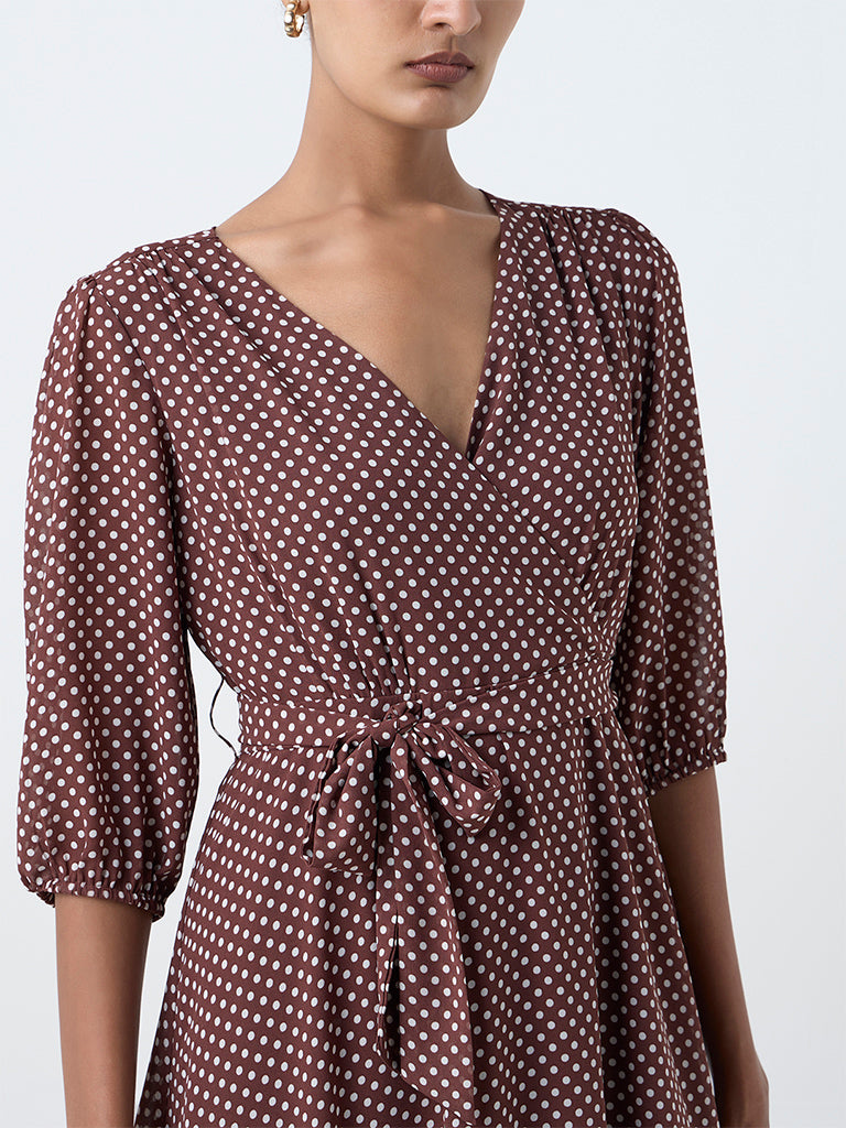 Wardrobe Dark Brown Polka Dot Wrap-Style Dress with Belt