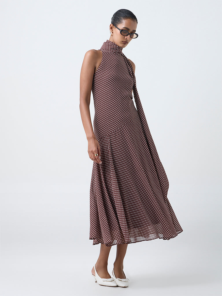 Wardrobe Dark Brown Polka Dot A-Line Dress