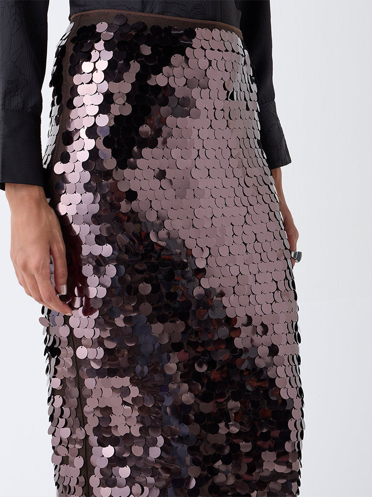 Wardrobe Brown Sequin High-Rise Skirt