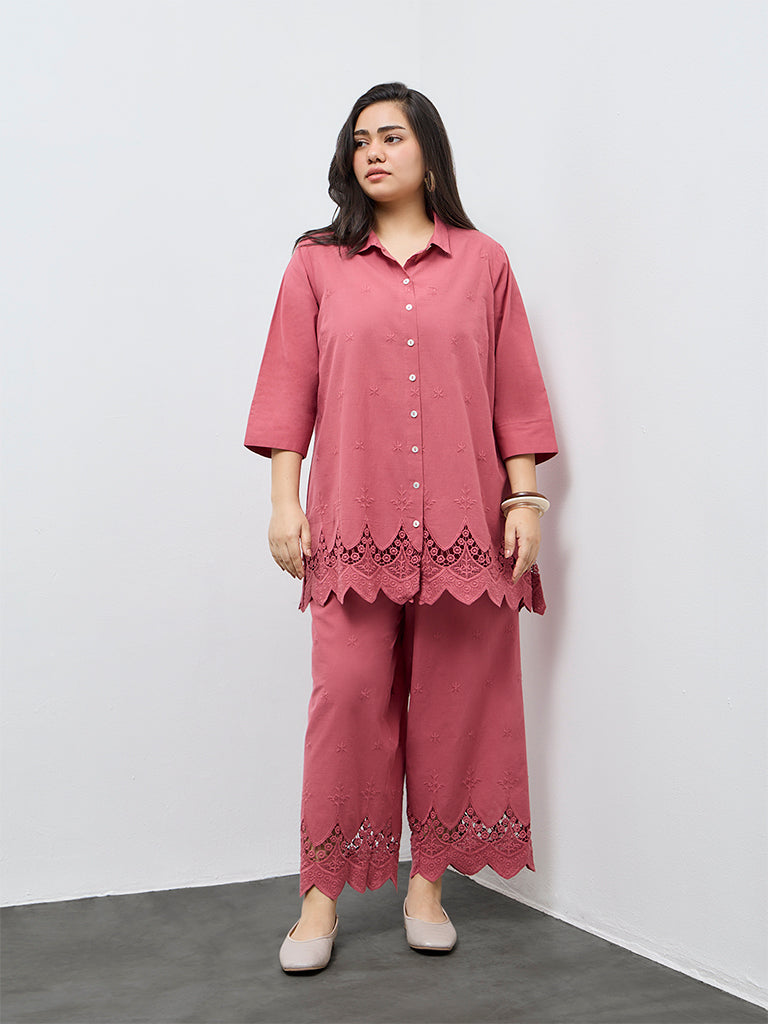 Diza Dusty Pink Embroidered Cotton Pants