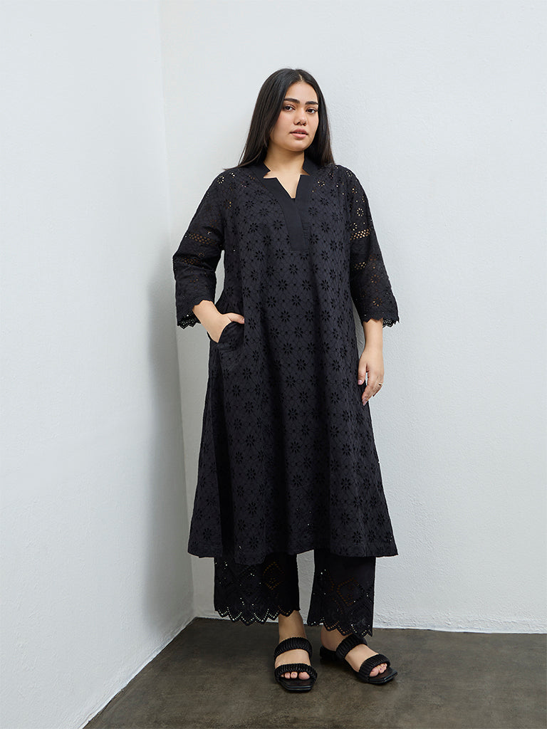 Diza Black Schiffli Embroidered A-Line Cotton Kurta