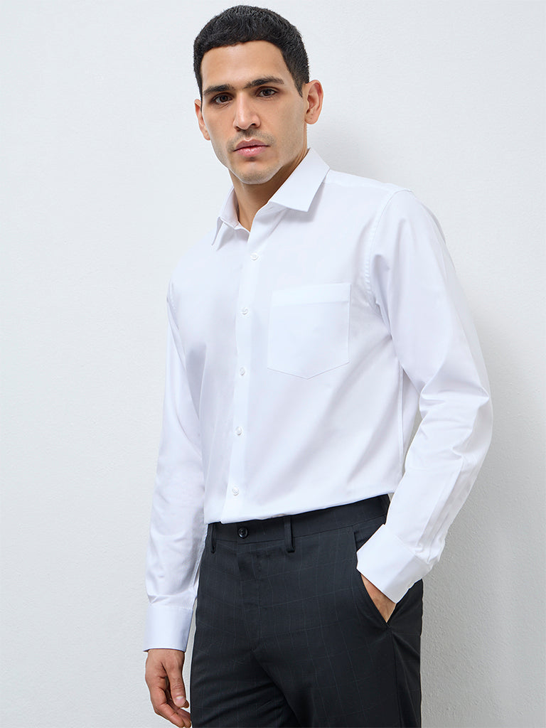 WES Formals White Solid Slim-Fit Cotton Shirt