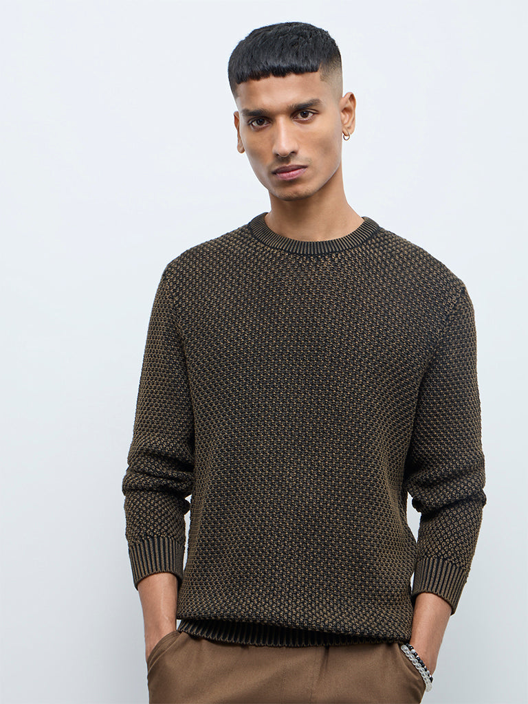ETA Brown Knitted-Textured Relaxed-Fit Cotton Sweater
