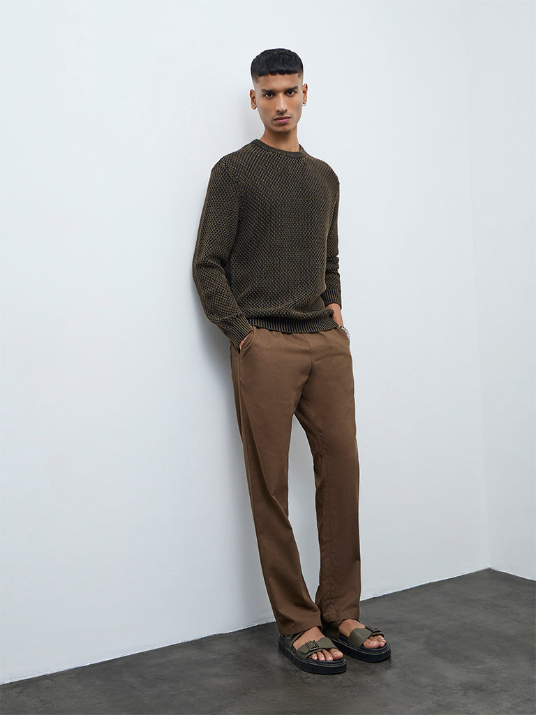 ETA Brown Knitted-Textured Relaxed-Fit Cotton Sweater