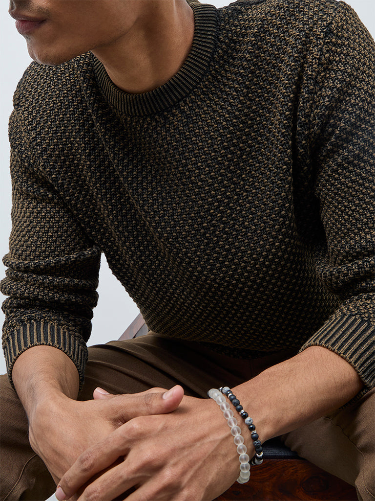 ETA Brown Knitted-Textured Relaxed-Fit Cotton Sweater