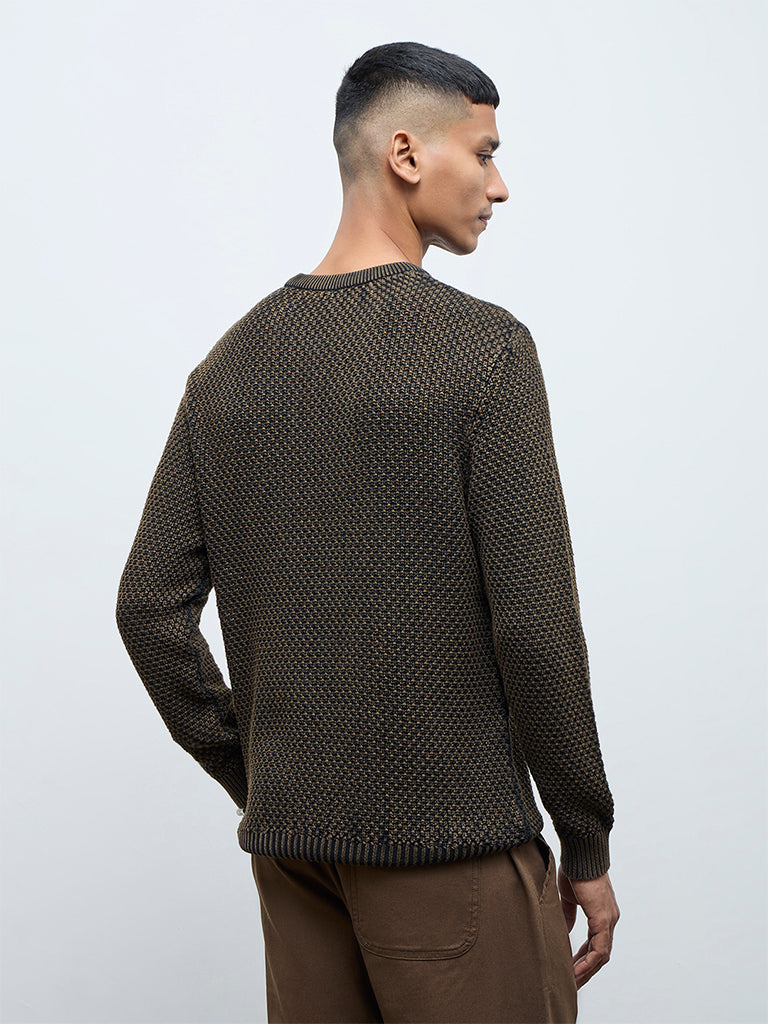 ETA Brown Knitted-Textured Relaxed-Fit Cotton Sweater
