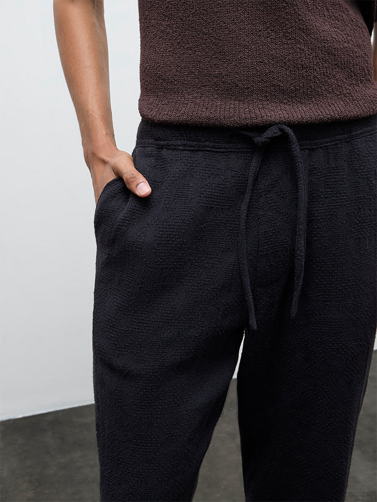ETA Black Textured Relaxed-Fit Mid-Rise Cotton Chinos