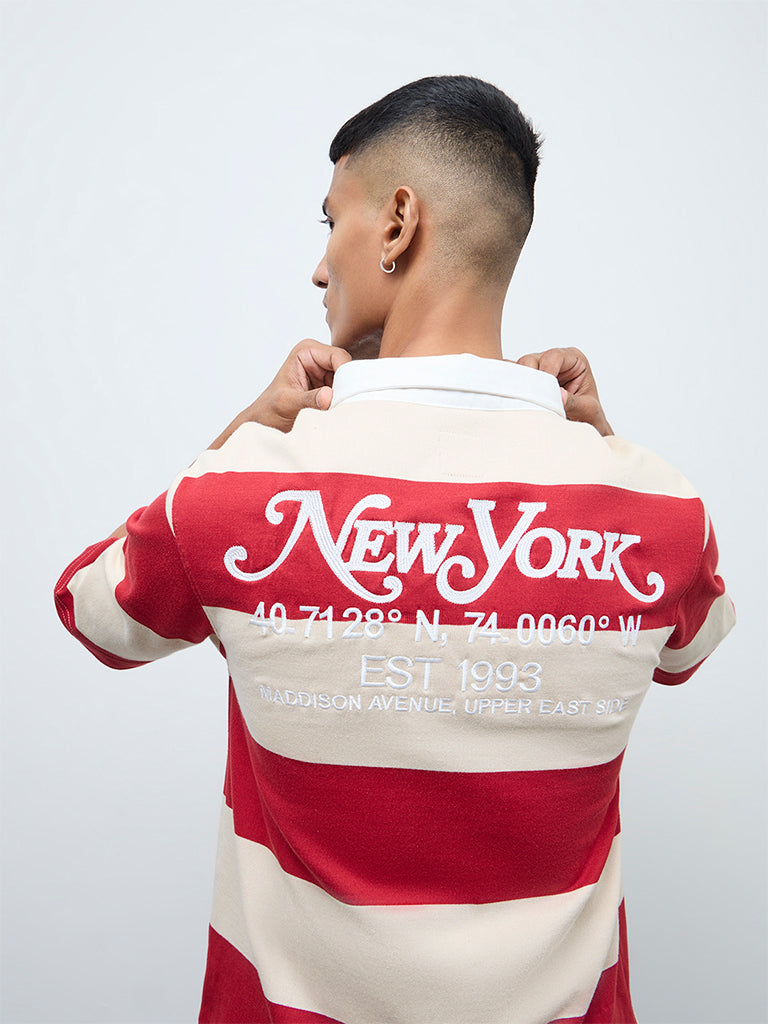 Nuon Red Striped Relaxed-Fit Cotton Polo T-Shirt