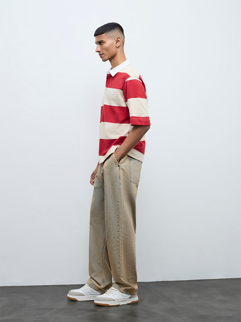 Nuon Red Striped Relaxed-Fit Cotton Polo T-Shirt