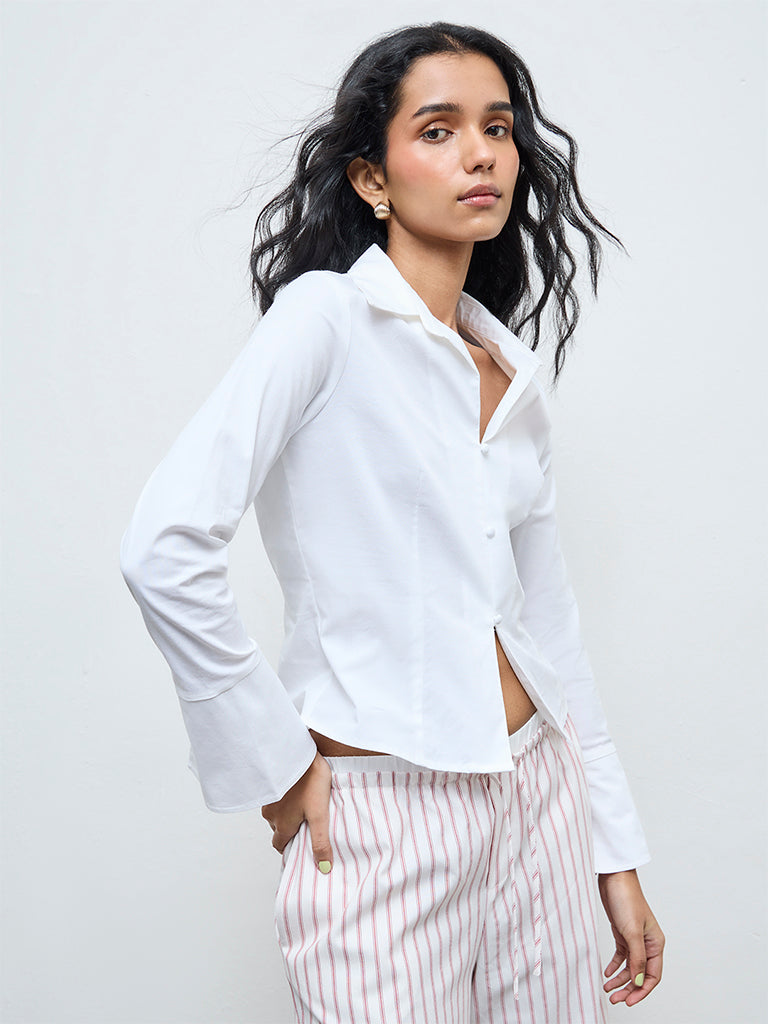 Nuon White Solid Cotton Blouse