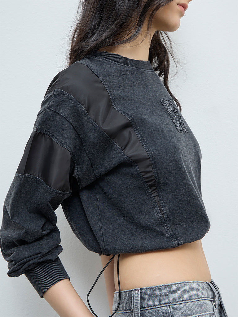 Nuon Black Denim-Inspired Cotton-Blend T-Shirt