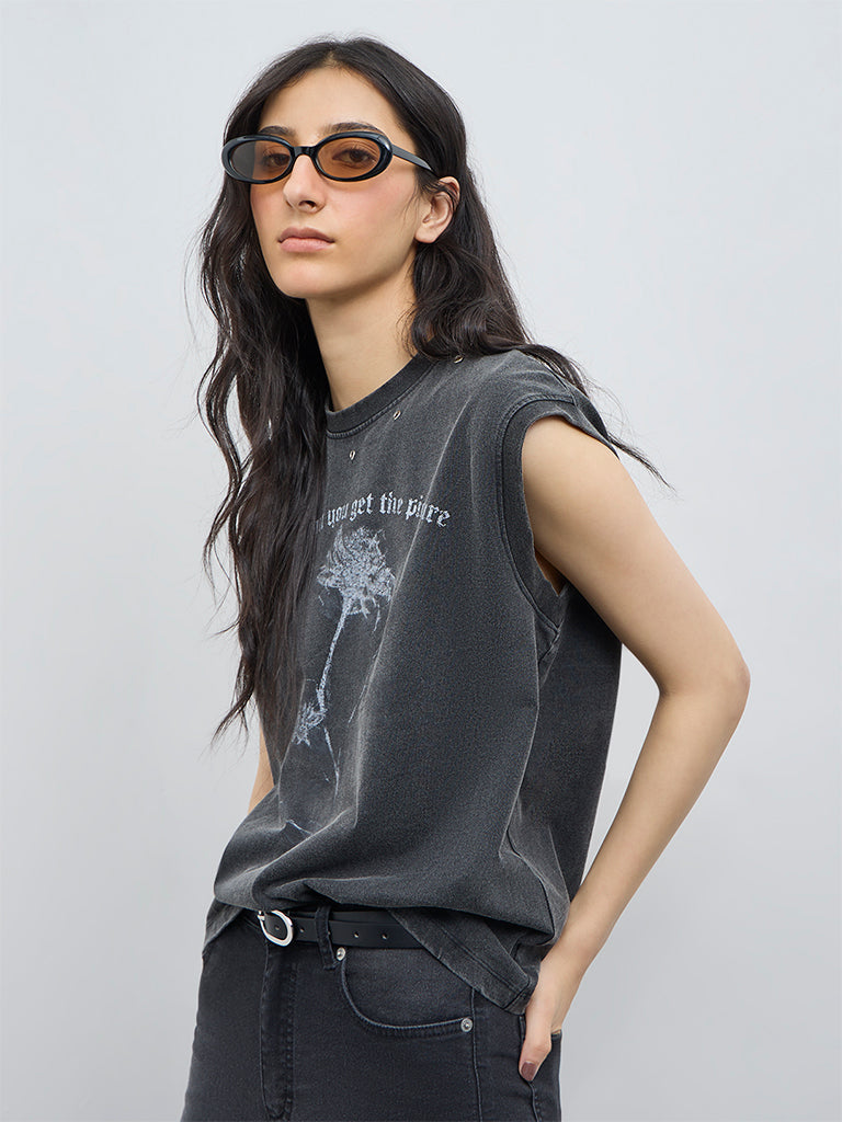 Nuon Grey Printed Denim-Inspired T-Shirt