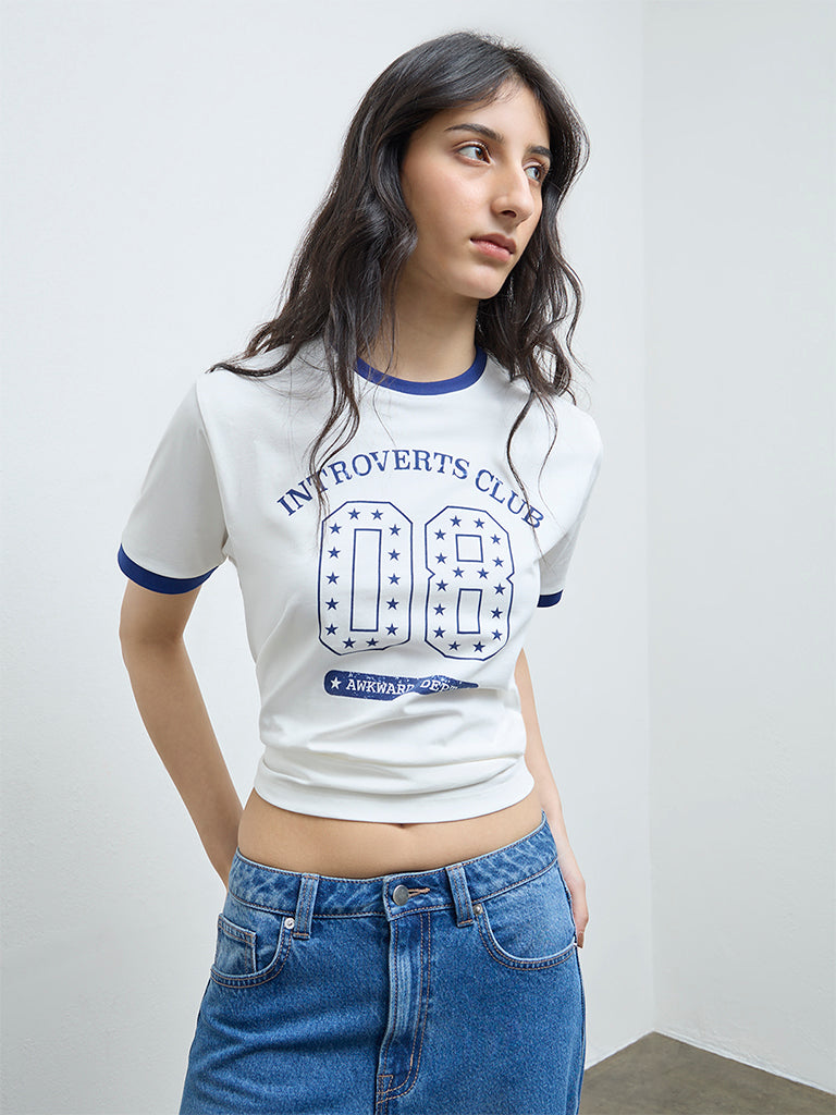 Nuon White Graphic Printed Cotton T-Shirt