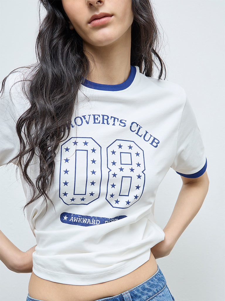 Nuon White Graphic Printed Cotton T-Shirt