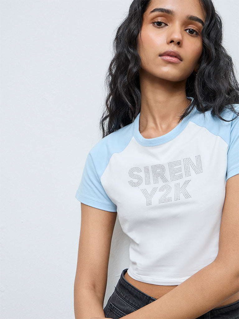 Nuon Light Blue Text Printed Cotton-Blend T-Shirt