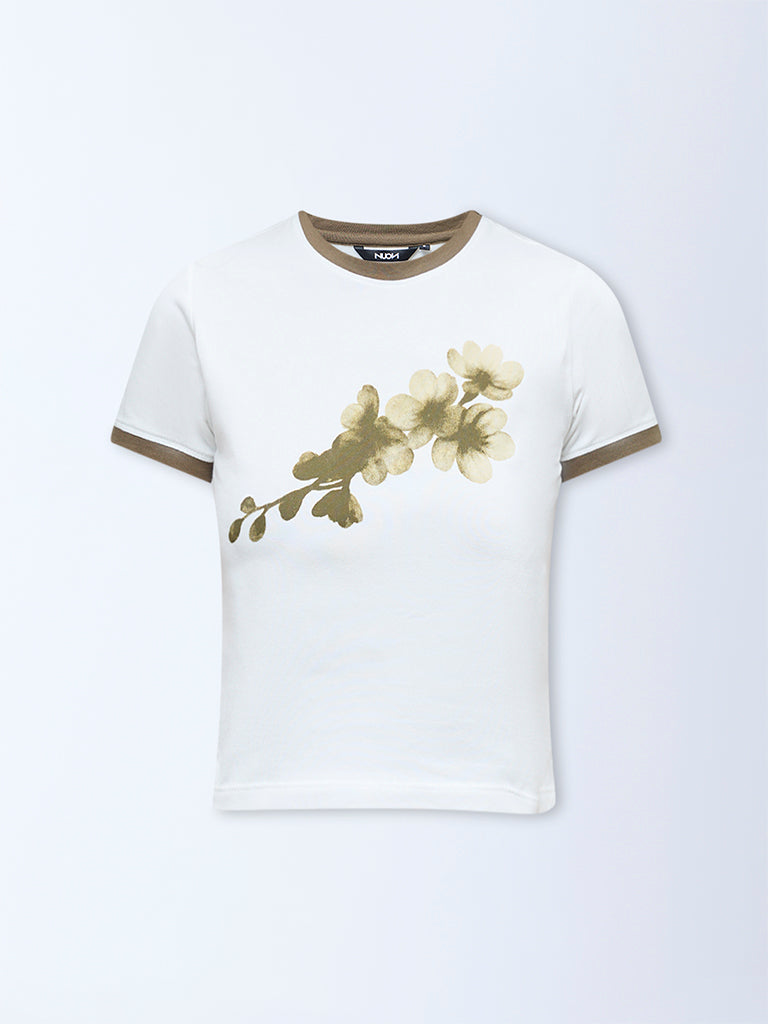 Nuon White Foliage Printed Cotton-Blend T-Shirt