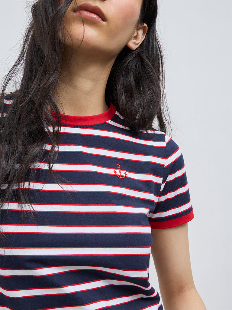 Nuon Navy Stripe Printed Cotton-Blend T-Shirt