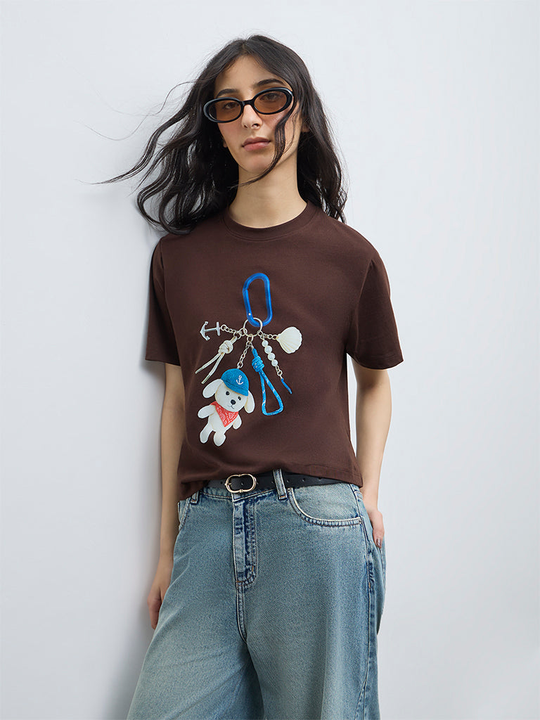 Nuon Dark Brown Graphic Cotton T-Shirt