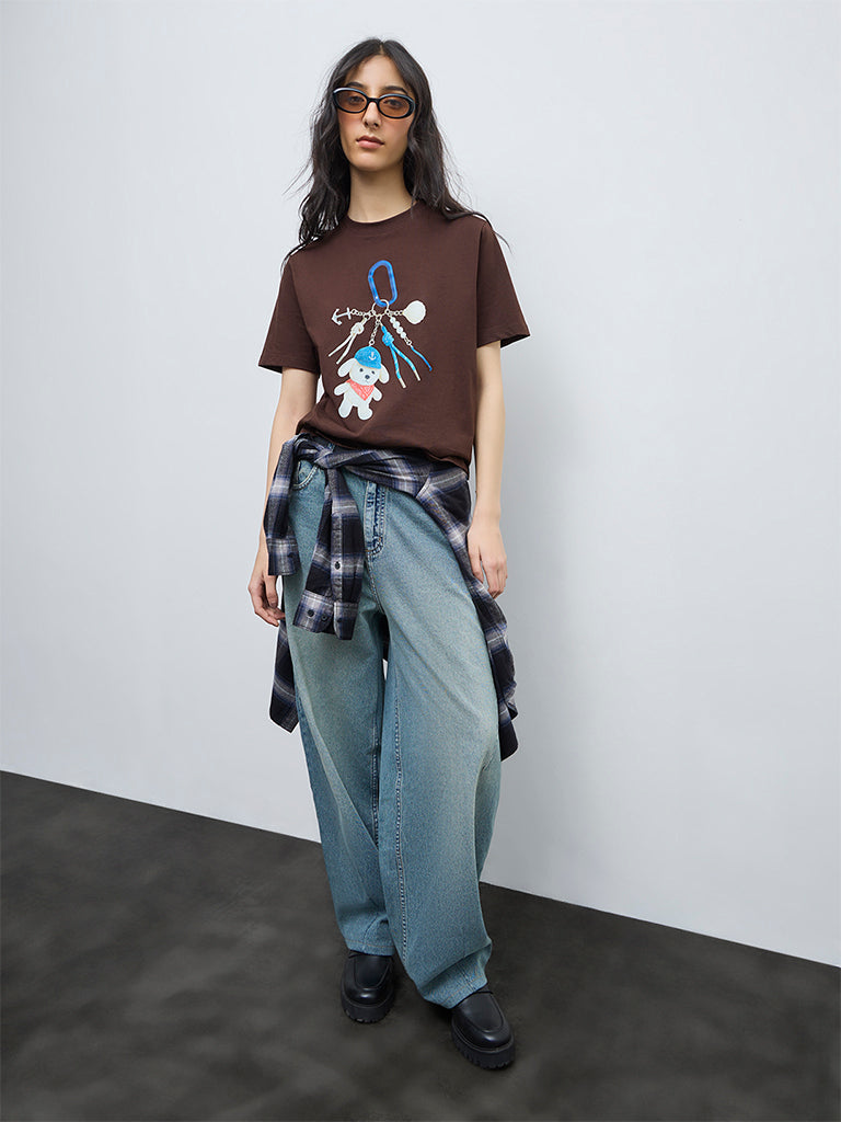 Nuon Dark Brown Graphic Cotton T-Shirt