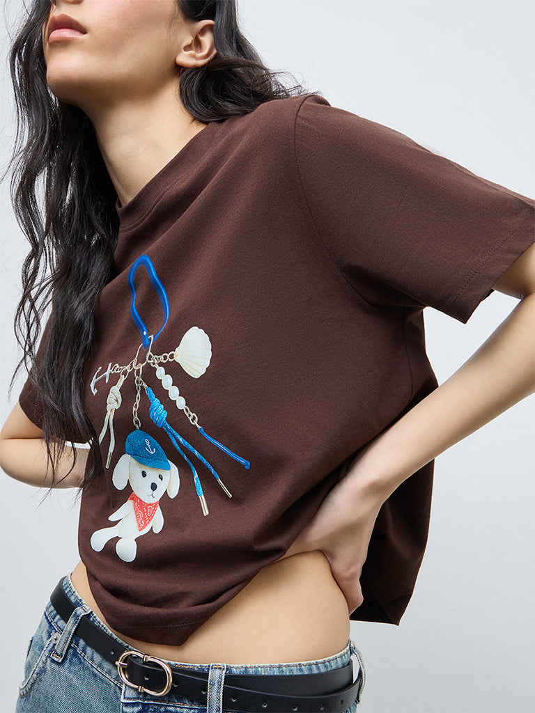 Nuon Dark Brown Graphic Cotton T-Shirt