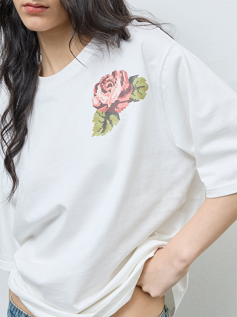 Nuon White Printed Cotton T-Shirt