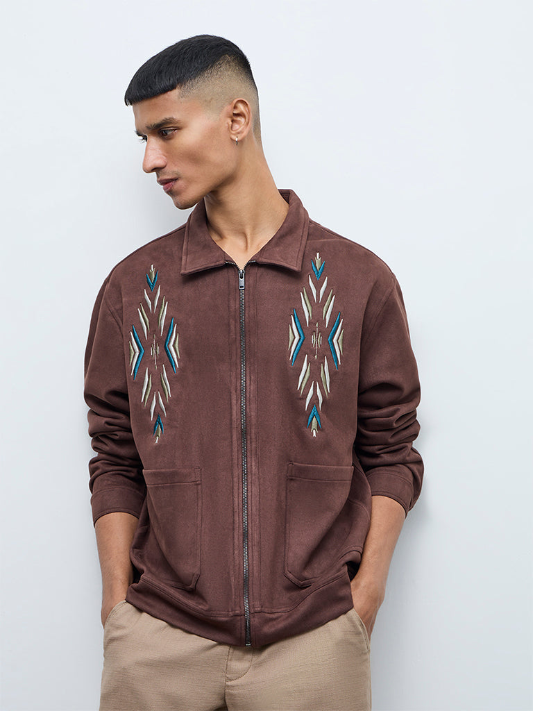 ETA Brown Embroidered Relaxed-Fit Suede Jacket