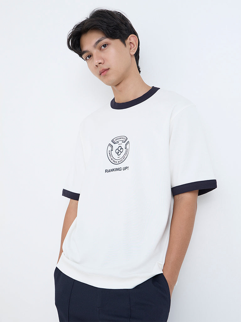 Studiofit White Printed Relaxed-Fit Cotton T-Shirt