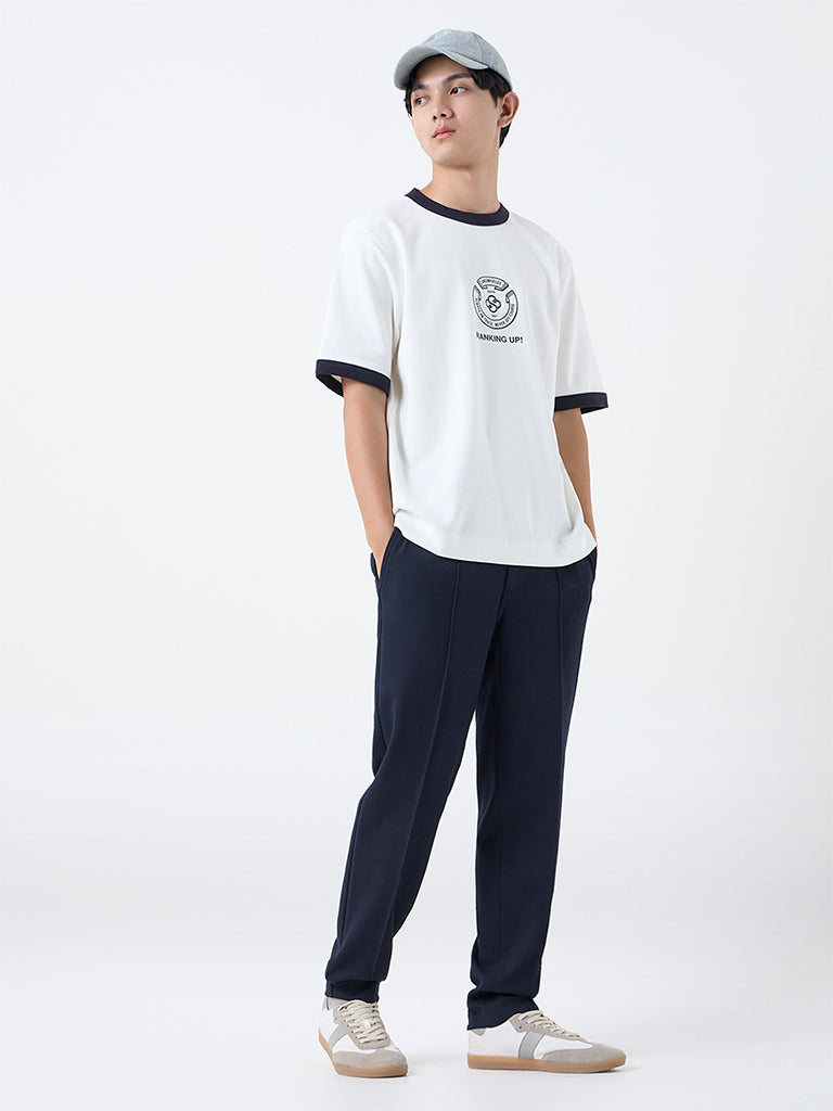 Studiofit White Printed Relaxed-Fit Cotton T-Shirt