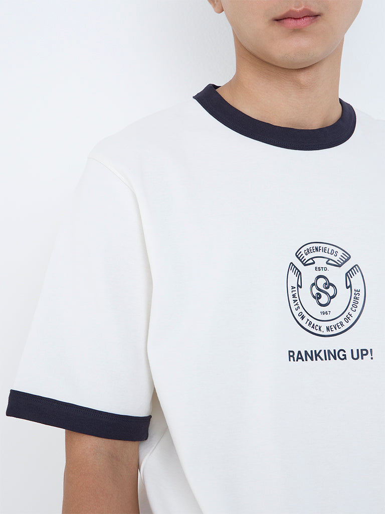 Studiofit White Printed Relaxed-Fit Cotton T-Shirt