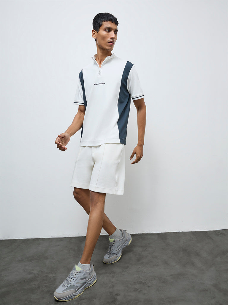 Studiofit Off-White Text Design Quarter-Zip Slim-Fit Cotton-Blend T-Shirt