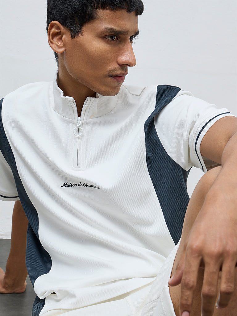 Studiofit Off-White Text Design Quarter-Zip Slim-Fit Cotton-Blend T-Shirt