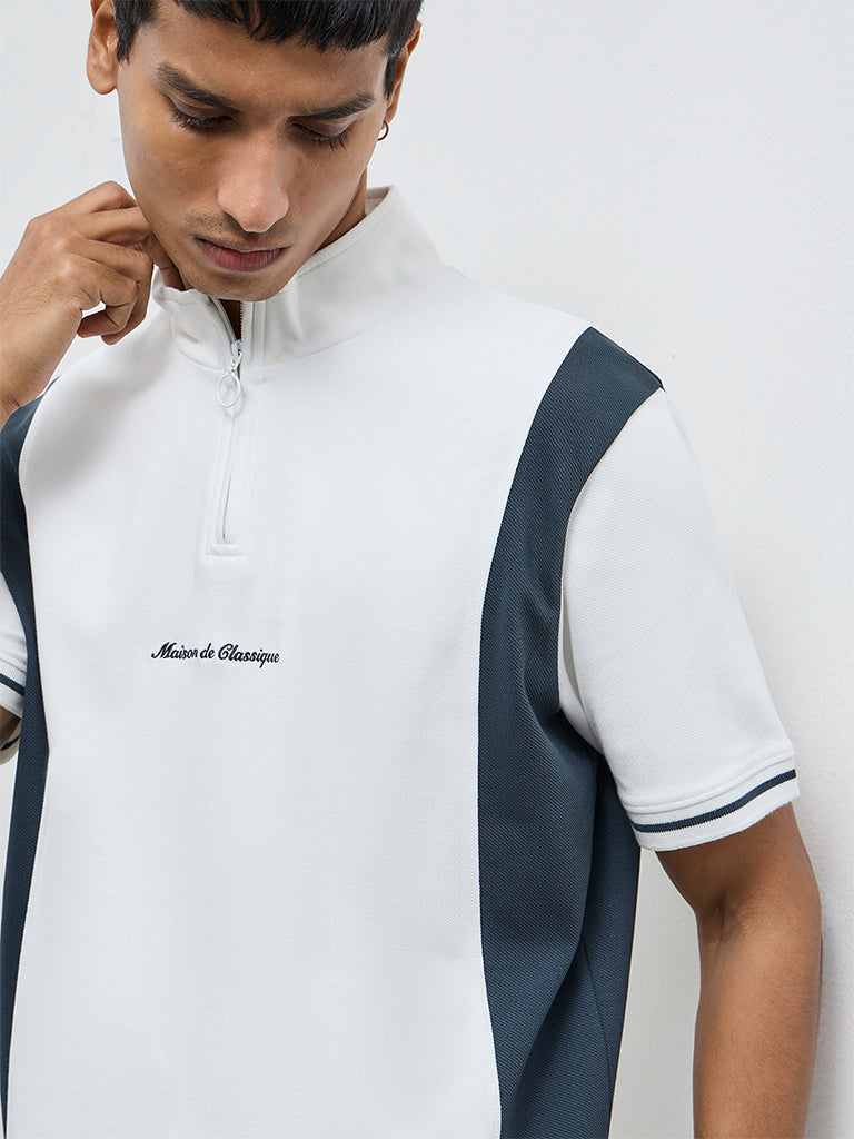 Studiofit Off-White Text Design Quarter-Zip Slim-Fit Cotton-Blend T-Shirt