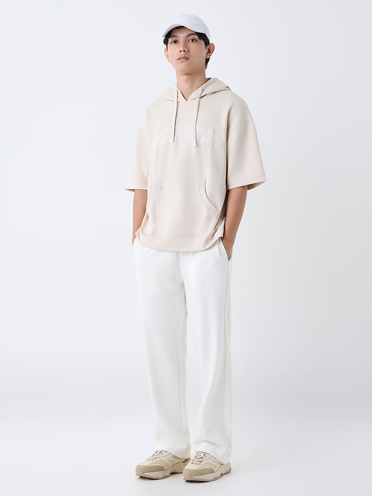 Studiofit Beige Text Pattern Relaxed-Fit Cotton-Blend Sweatshirt