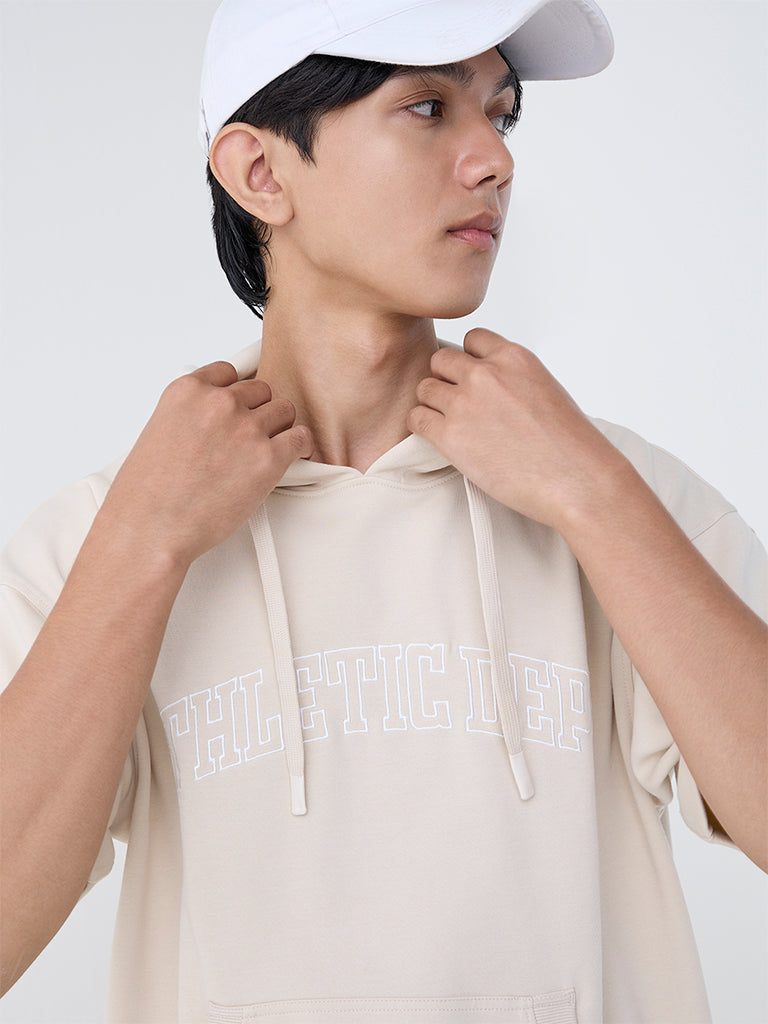 Studiofit Beige Text Pattern Relaxed-Fit Cotton-Blend Sweatshirt