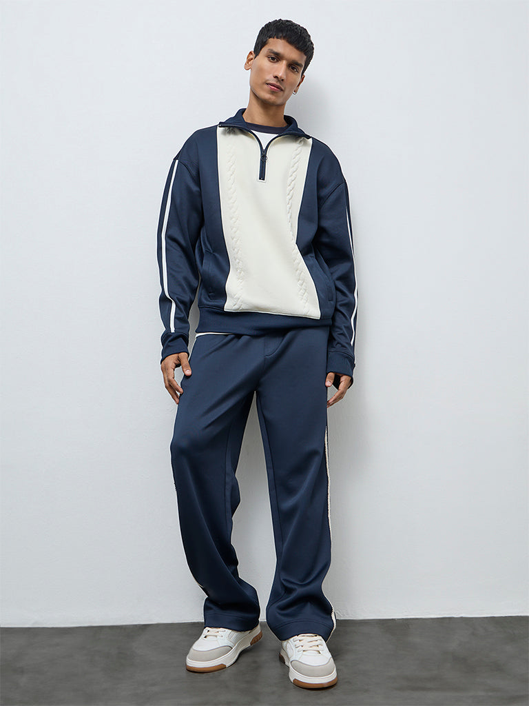 Studiofit Navy Striped Detailed Relaxed-Fit Mid-Rise Track Pants