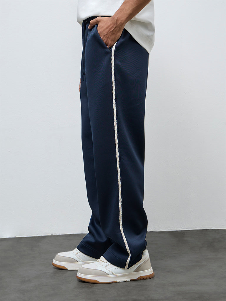 Studiofit Navy Striped Detailed Relaxed-Fit Mid-Rise Track Pants