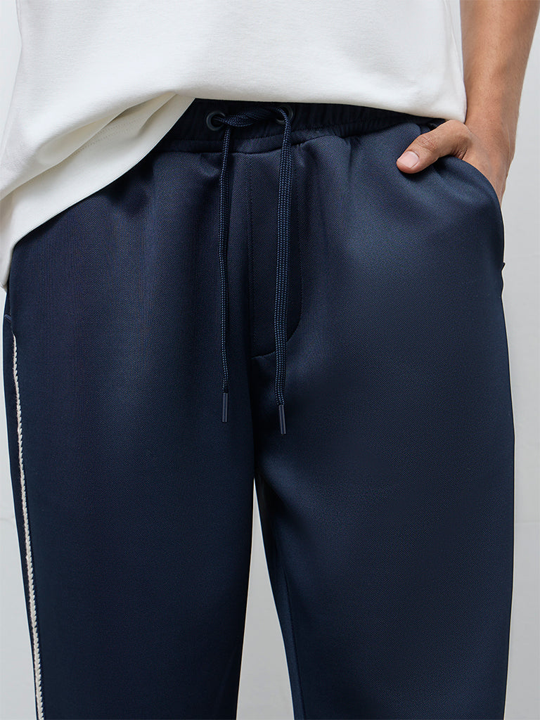 Studiofit Navy Striped Detailed Relaxed-Fit Mid-Rise Track Pants
