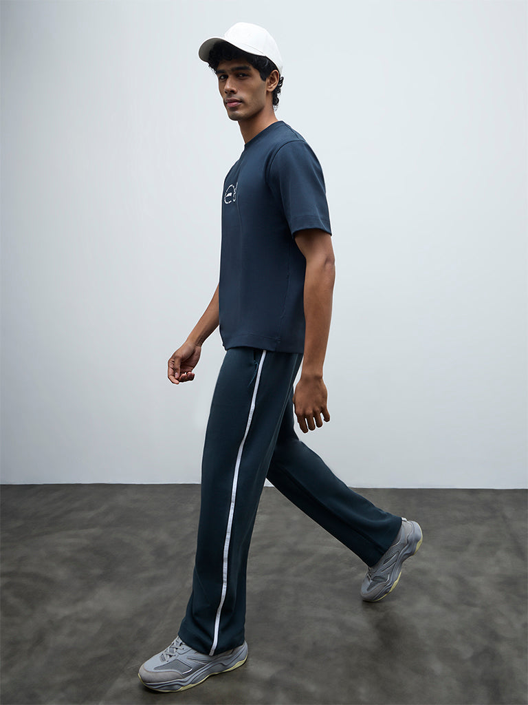 Nuoflexx Dark Teal Striped Relaxed-Fit Mid-Rise Track Pants
